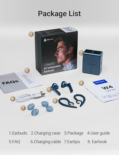 Timekettle W4 Translation Earbuds,for Global Business & Relationships,Bone-Voiceprint Sensor for Clear Voice in Noise, AI Auto-Correction,Protected Privacy with GDPR,Instant Setup via iOS/Android APP