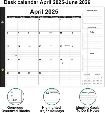Large Desk Calendar 2025-2026 - 22" x 17" Desk Calendar from April 2025 - June 2026, Desktop Pad Calendar Perfect for Planning and Organizing In Your Home, School or Office, Black