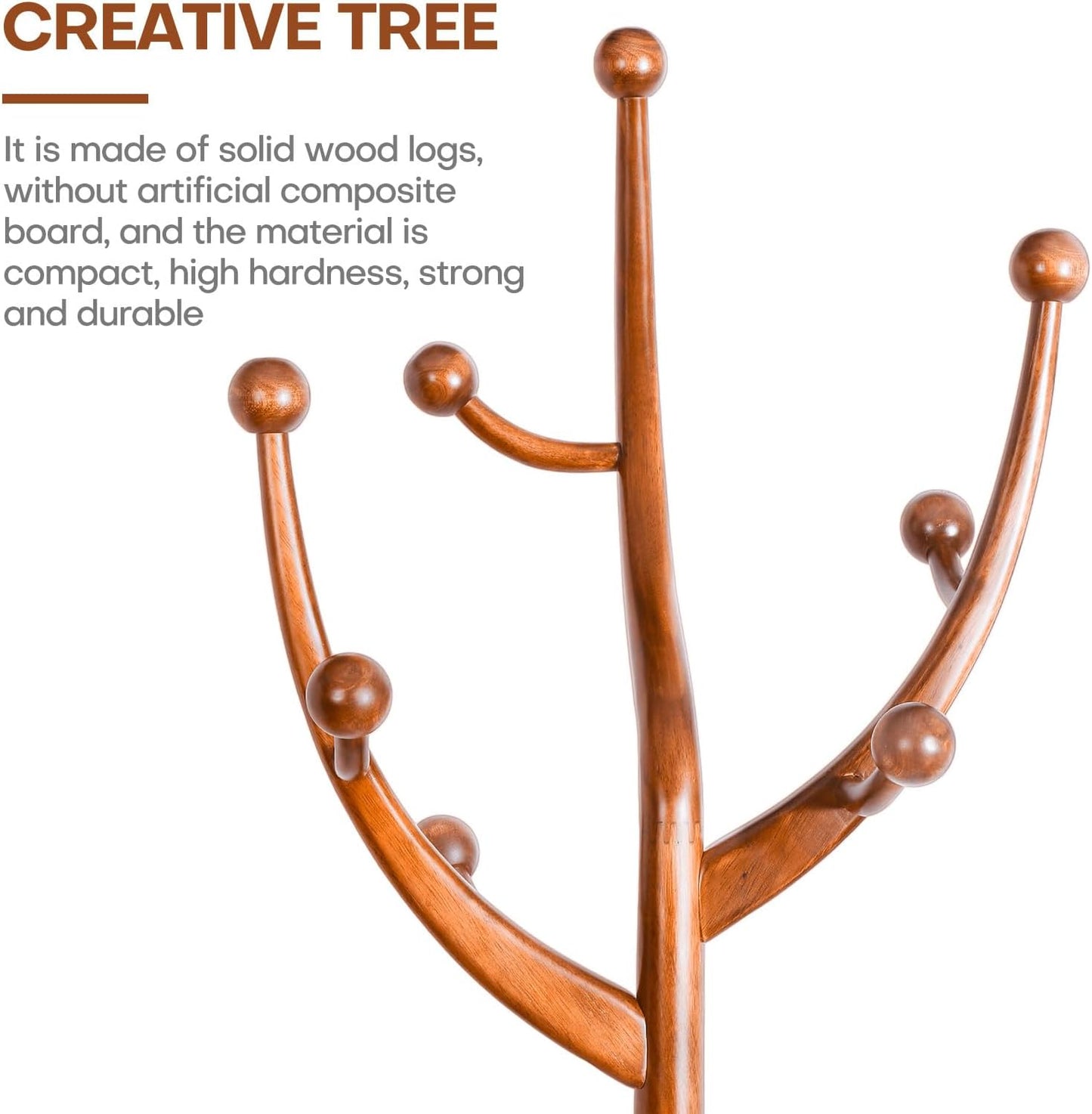 Coat Rack Freestanding Wood Tree Rack with 8 Hooks, Creative Design Tree Branch-look, Coat Tree Clothes Hanger Stand with Stable Sphere Base for Entryway, Hallway, Bedroom - Load 160lbs (Light Brown)