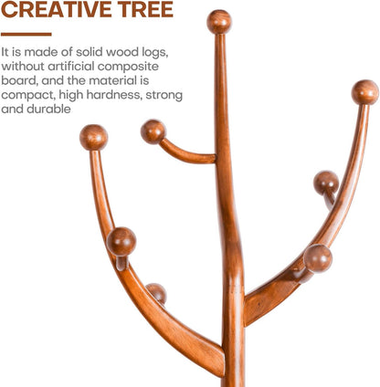 Coat Rack Freestanding Wood Tree Rack with 8 Hooks, Creative Design Tree Branch-look, Coat Tree Clothes Hanger Stand with Stable Sphere Base for Entryway, Hallway, Bedroom - Load 160lbs (Light Brown)