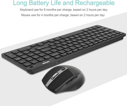 Arteck 2.4G USB Wireless Keyboard and Mouse Combo Ultra Slim Compact Keyboard and Ergonomic Mouse for Computer Desktop PC Laptop and Windows 11/10/8/7 Build in USB-C Rechargeable Battery