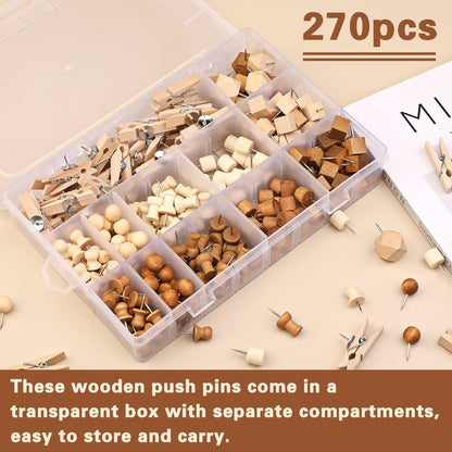 270 Pcs Wood Push Pins, 2 Colors and 7 Types Decorative Thumb Tacks Wooden Head Pin Marking Pin, Wood Thumb Tacks Decorative for Bulletin Boards Craft Projects with Storage Box
