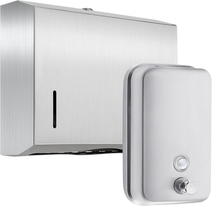 2 Pcs Commercial Soap Dispenser and Paper Towel Dispenser Set with Lock-Stainless Steel,Wall Mount,Large Capacity Manual Liquid Pump Rust Proof Leak Free for Home Bathroom (500 ml,Style 2)
