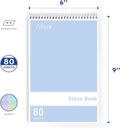 Steno Pads Spiral 6x9-12 Pack Pastel Colors - Perfect for Work, School, and Home Use, Easy Tear-Off Pages, Gregg ruled, White Paper - No Ink Bleeds - 80 Sheets