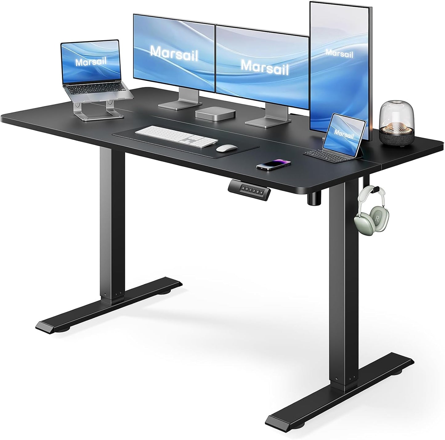 Marsail Electric Standing Desk, Adjustable Height Stand up Home Office Desk Large 55x24 Inch Sit Stand Computer Desk, with 4 Memory Presets, Headphone Hook,Cable Organizer, Black