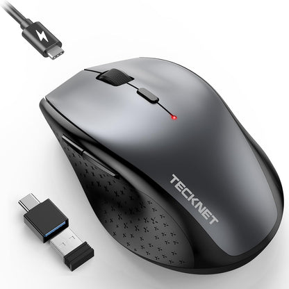 TECKNET Wireless Mouse Jiggler, USB-C Rechargeable Mouse, Silent Mouse Quiet Click, Build-in Mouse Mover, 6400 DPI Ergonomic Mouse, 2.4G Cordless Computer Mice for Mac, Laptop, Desktop, PC
