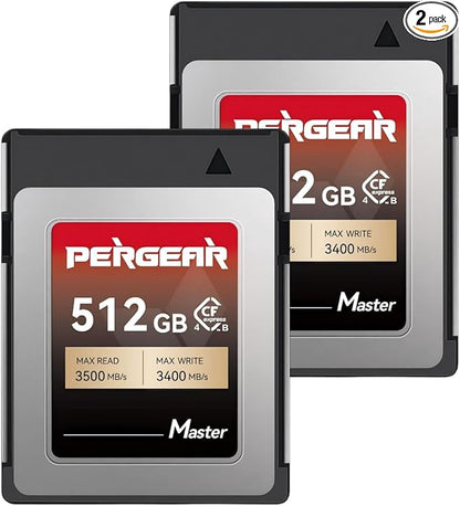 PERGEAR 512GB (Pack of 2) CFexpress 4.0 Type B Memory Card, 3500MB/s Write & 3400MB/s Read Speed for 8K Raw Video Recording (Master Series), Compatible with R3/R5/R5C/Z8/Z9/Z7 II/Z6 II/S1 DSLR Cameras