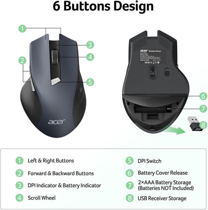 acer Wireless Mouse for Laptop, 2.4GHz Computer Mouse 3 Adjustable DPI Office Cordless USB Mice with USBA Receiver, 6 Buttons, 1600 DPI, Medium to Large Sized Hands Compatible with PC, Laptop, Desktop