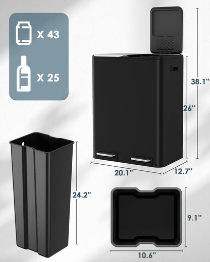 Arlopu 16Gal Dual Trash Can w/2 Built-in Box for Odor Control, Hands-Free Kitchen Garbage Bin, Recycle Waste Dustbin, Soft-Close Lid, 2 Buckets,Foot Pedal, Side Handle, Airtight,for Home Office