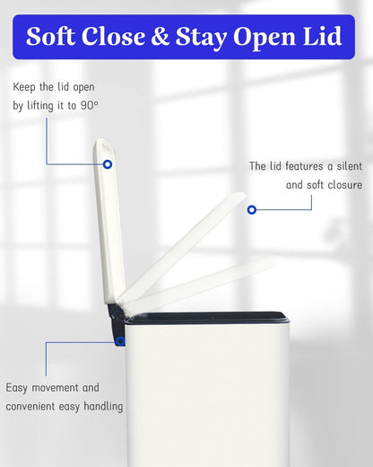 Kitchen Rubbish Bin, 30 L, Narrow Pedal Bin with Lid, Stainless Steel Kitchen Rubbish Bin with Inner Bucket, Rectangular Waste Bin for Kitchen, Bathroom, Bedroom, Office, White