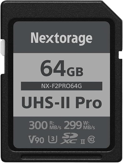 Nextorage 64GB SDXC UHS-II V90 Japanese Brand pSLC Max. Write Speed 299MB/s Max. Read Speed 300MB/s 4K Recording NX-F2PRO64G SD Card Memory for Camera