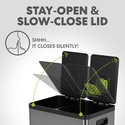 SIMPLI-MAGIC 16 Gallon (60L) Elegant Black Step Trash Can – Dual Compartment Kitchen Garbage Can with Waste & Recycling Bins – Slow-Close Lid, Odor Control, Hands-Free, Premium Stainless Steel