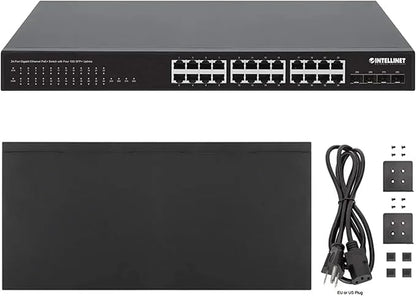 Intellinet 24-Port Unmanaged PoE+ Gigabit Ethernet Switch - 370W Power Budget, 4 x 10 Gbps SFP+ Ports, Rackmount / Desktop, Autosensing Ports, Sturdy Metal - 3 Yr Mf Warranty - 561761
