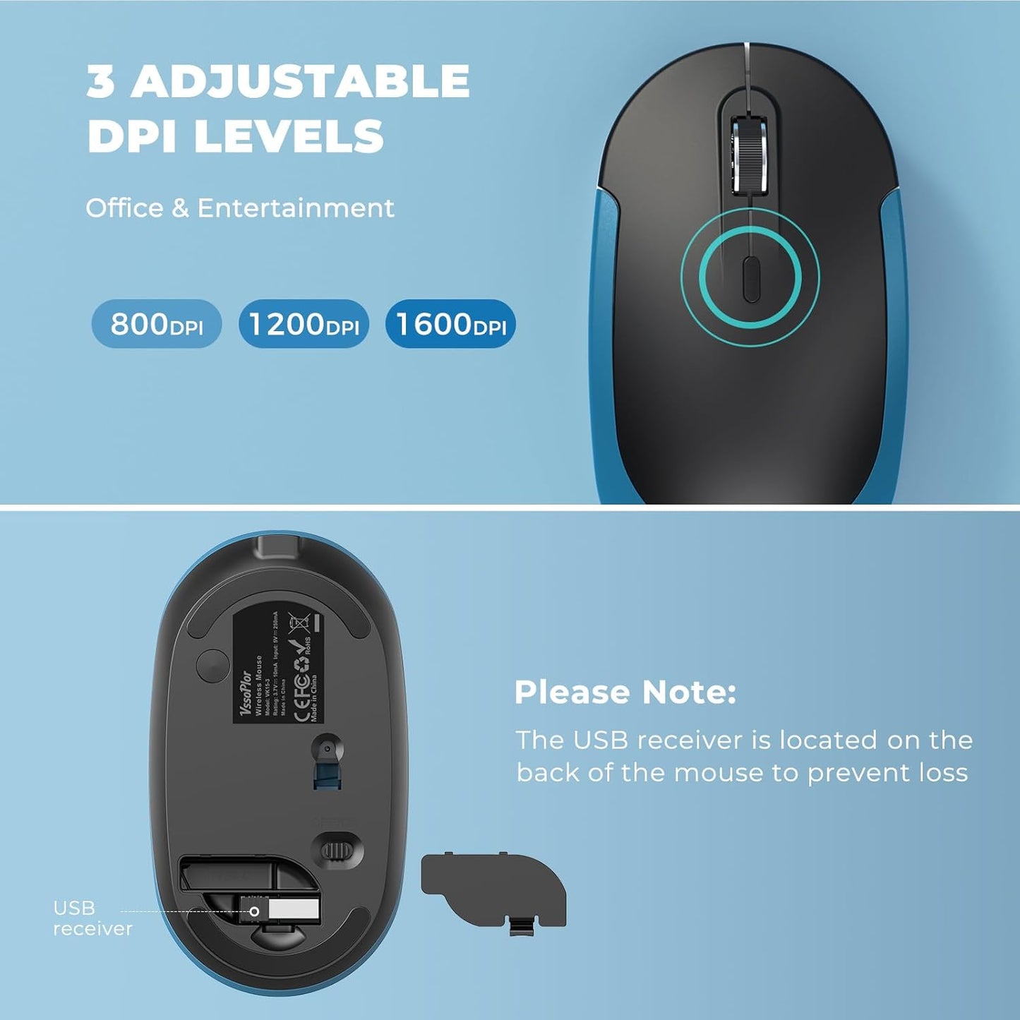 Wireless Keyboard and Mouse, Vssoplor 2.4GHz Rechargeable Quiet Full-Size Keyboard and Mouse Combo with Nano USB Receiver for Windows, Laptop, PC, Notebook-Black and Blue