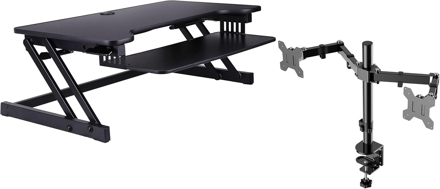 Rocelco 37.5" Deluxe Height Adjustable Standing Desk Converter with Dual Monitor Mount BUNDLE - Quick Sit Stand Up Computer Workstation Riser - Large Retractable Keyboard Tray - Black (R DADRB-DM2)