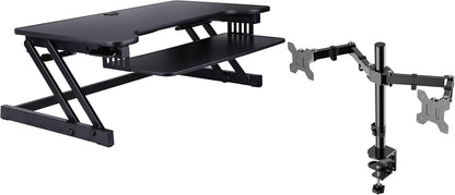 Rocelco 37.5" Deluxe Height Adjustable Standing Desk Converter with Dual Monitor Mount BUNDLE - Quick Sit Stand Up Computer Workstation Riser - Large Retractable Keyboard Tray - Black (R DADRB-DM2)