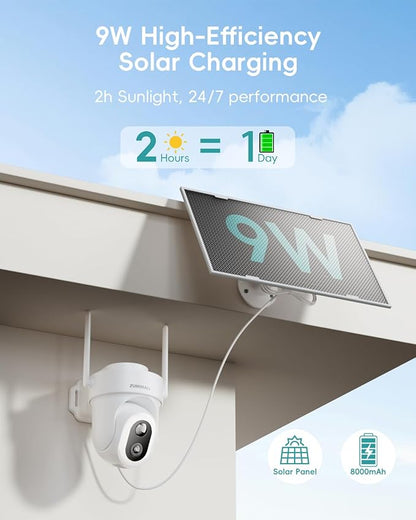 ZUMIMALL 24/7 Recording Solar Security Cameras Wireless Outdoor, 9W Solar Panel, AOV Cameras for Home Security, 360° Auto Tracking, 2K Color Night Vision, 2.4GHz WiFi, 512G Local Storage(Not Include)