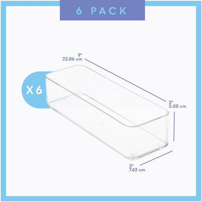 Plastic Clear Drawer Organizers. Bathroom, Kitchen, Bedroom, Jewelry, Office Organizer Bins, Storage Trays. Heavy Duty, Stackable. 9" x 3" x 2" Set of 6