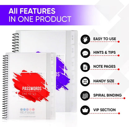 RE-FOCUS, Password Book Keeper, Small, Mini, Purple, Alphabetical Tabs, Spiral Bound, Removable Sheets, Journal Organizer, Includes Website, Address, Username, Password