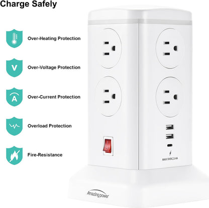 6.5Ft Surge Protector Power Strip Tower - 8 AC Outlets & 6 USB Ports Multi-Device Charging Station with Overload Protection, for Home/Office/Dorm