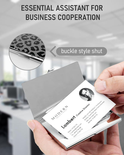 Business Card Metal Slim Organizer, Professional Stainless Steel Square Pocket Wallet for Office Workers, Compact and Portable for Pockets (Grey Snow Leopard A)