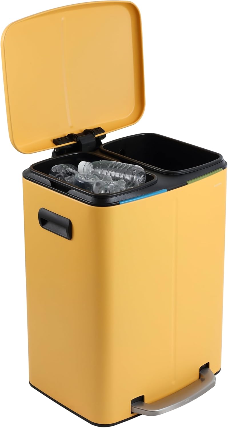 happimess HPM1005L Marco Rectangular 10.6-Gallon Double Bucket Trash Can with Soft-Close Lid, Daffodil Yellow for Home, Kitchen, Bathroom, Living Room, Office