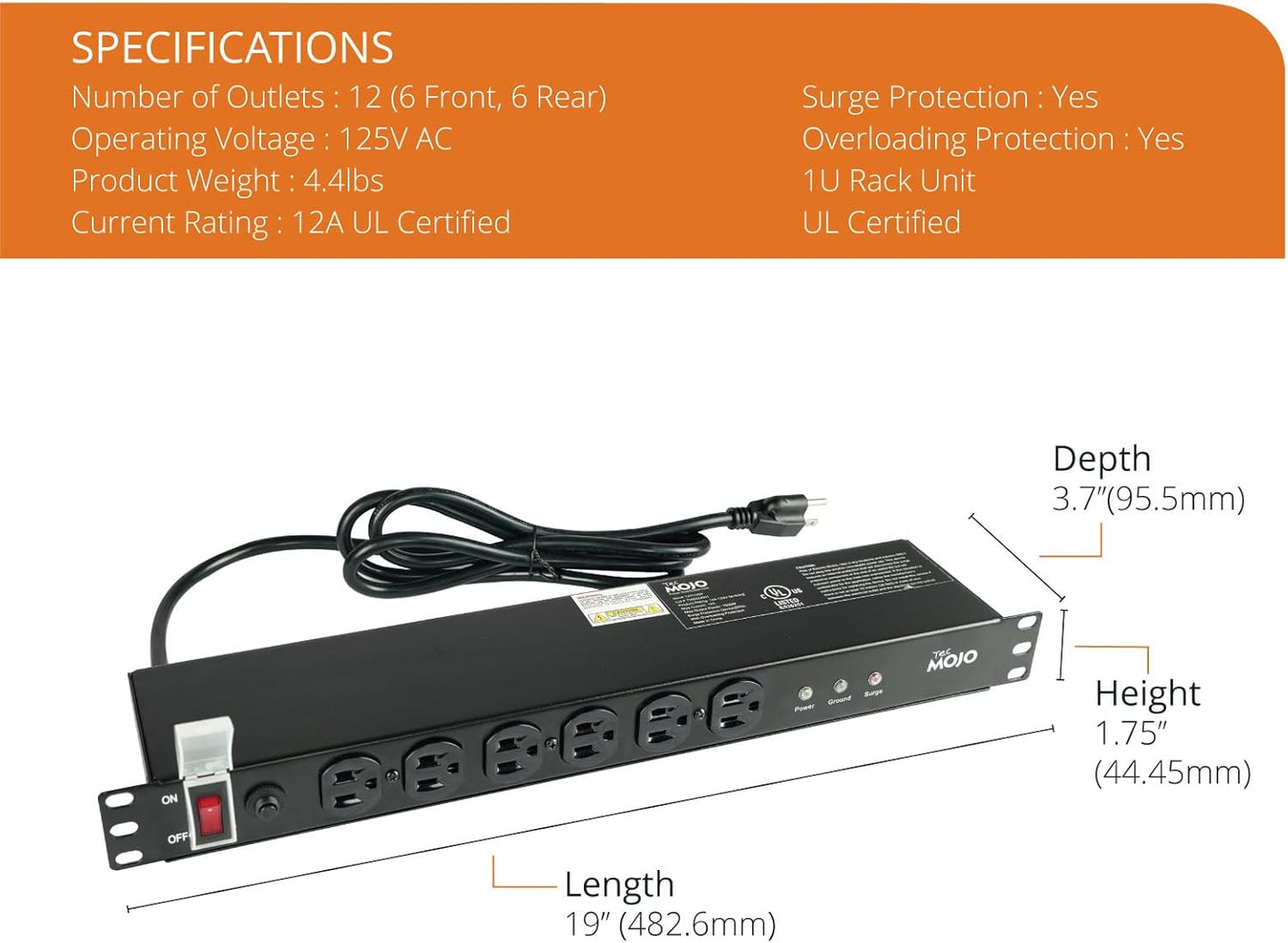 Tecmojo 1U Rackmount Network-Grade PDU Surge Protector Power Strip, 12 Outlets (6 Front, 6 Rear Wide Spaced) 12A 6ft Cord with 5-15P Lug - Black, UL Certified