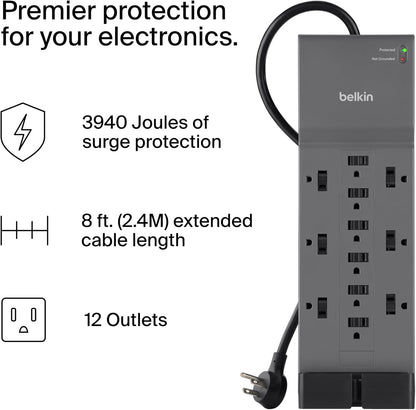 Belkin 12-Outlet Surge Protector Power Strip w/ 12 AC Outlets & 8ft Flat Plug, UL-listed Heavy-Duty Extension Cord for Home, Office, Travel, Computer, Laptop, Charger - 3,940 Joules of Protection