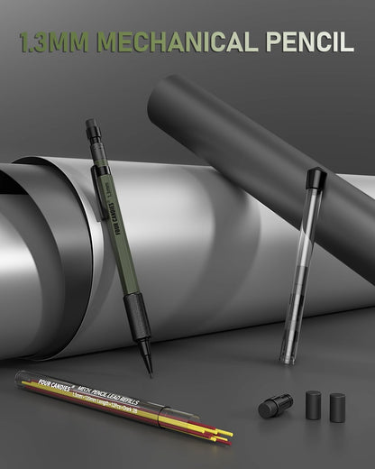 Four Candies 1.3mm Mechanical Pencil Set with 24 Lead Refills, Metal Weatherproof Heavy Duty Outdoor Carpenter Pencil, Eraser, 6 Eraser Refills for Architect Drafting Woodworking Marking with Case