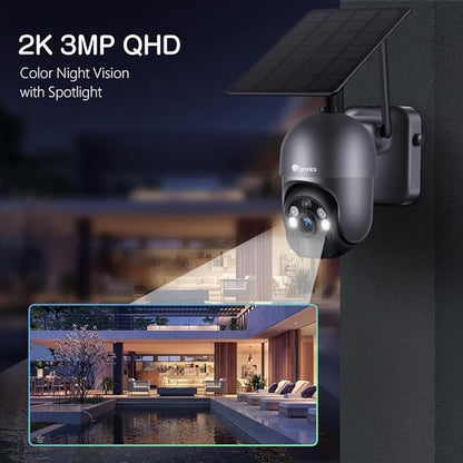 Ctronics 3MP Solar Security Camera Wireless Outdoor WiFi, PTZ Surveillacne Camera Battery-Powered for Home Security, 360° View, Spotlight Color Night Vision, PIR Human Detection, 2-Way Audio (Grey)