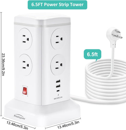 6.5Ft Surge Protector Power Strip Tower - 8 AC Outlets & 6 USB Ports Multi-Device Charging Station with Overload Protection, for Home/Office/Dorm