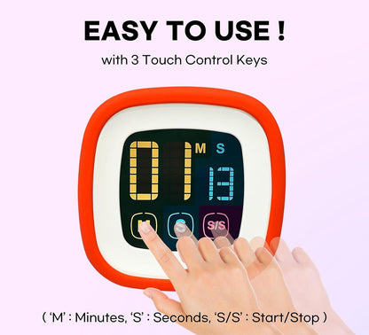 Digital Kitchen Timer, Countdown, Countup, Protective Rubber case, Large Display with Color Bold Digits, Touch Control, Backlit, Magnetic Kickstand, Loud Alarm, Auto Memory (Hot Rose)