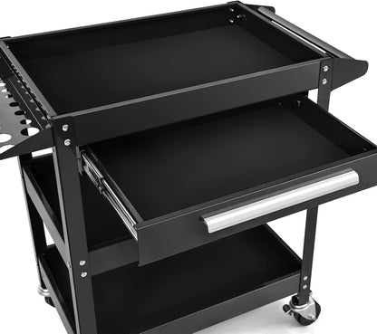 ERGOMASTER Metal Service Utility Cart with Wheels - 500LBS Tool Cart Heavy Duty Rolling 3-Tier Storage Organizer, for Garage Industrial Cart -Black