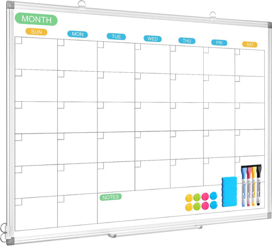WALGLASS Dry Erase Calendar Whiteboard for Wall, 36" x 24" Double-Sided Monthly Calendar White Board with Silver Aluminum Frame, Hanging or Wall Mount Large Whiteboard for Home, Office, School