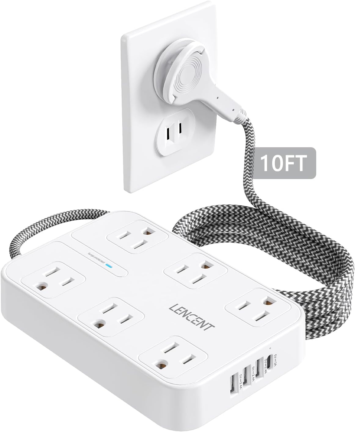 LENCENT 2 Prong Power Strip, 3 to 2 Prong Outlet Adapter, Surge Protector with 10ft Braided Extension Cord with Thin Flat Polarized Plug, 6 AC & 4 USB (1 Type-C), Wall Mount for Non-Grounded Outlet