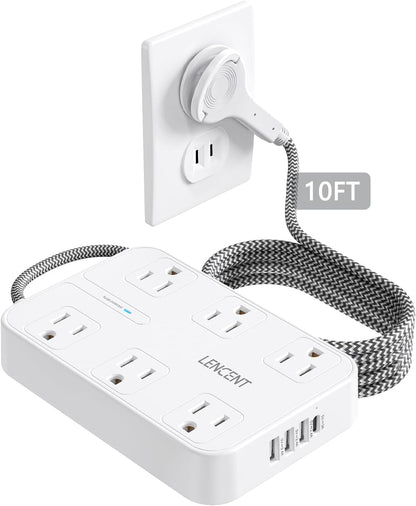 LENCENT 2 Prong Power Strip, 3 to 2 Prong Outlet Adapter, Surge Protector with 10ft Braided Extension Cord with Thin Flat Polarized Plug, 6 AC & 4 USB (1 Type-C), Wall Mount for Non-Grounded Outlet