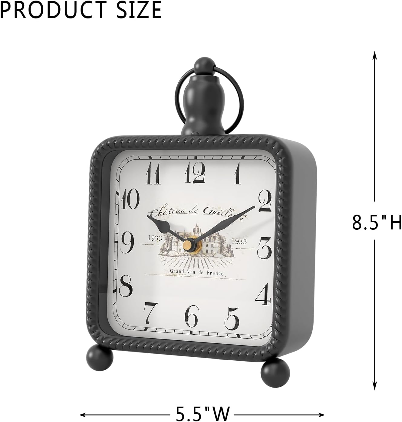 Vintage Black Table Clock on Stand, Desk and Shelf Decor Clock, French Rustic Style Non-Ticking Mantel Clocks for Farmhouse, Living Room, Bedroom, Bedside, Gift (8.5" H x 5.5" W)