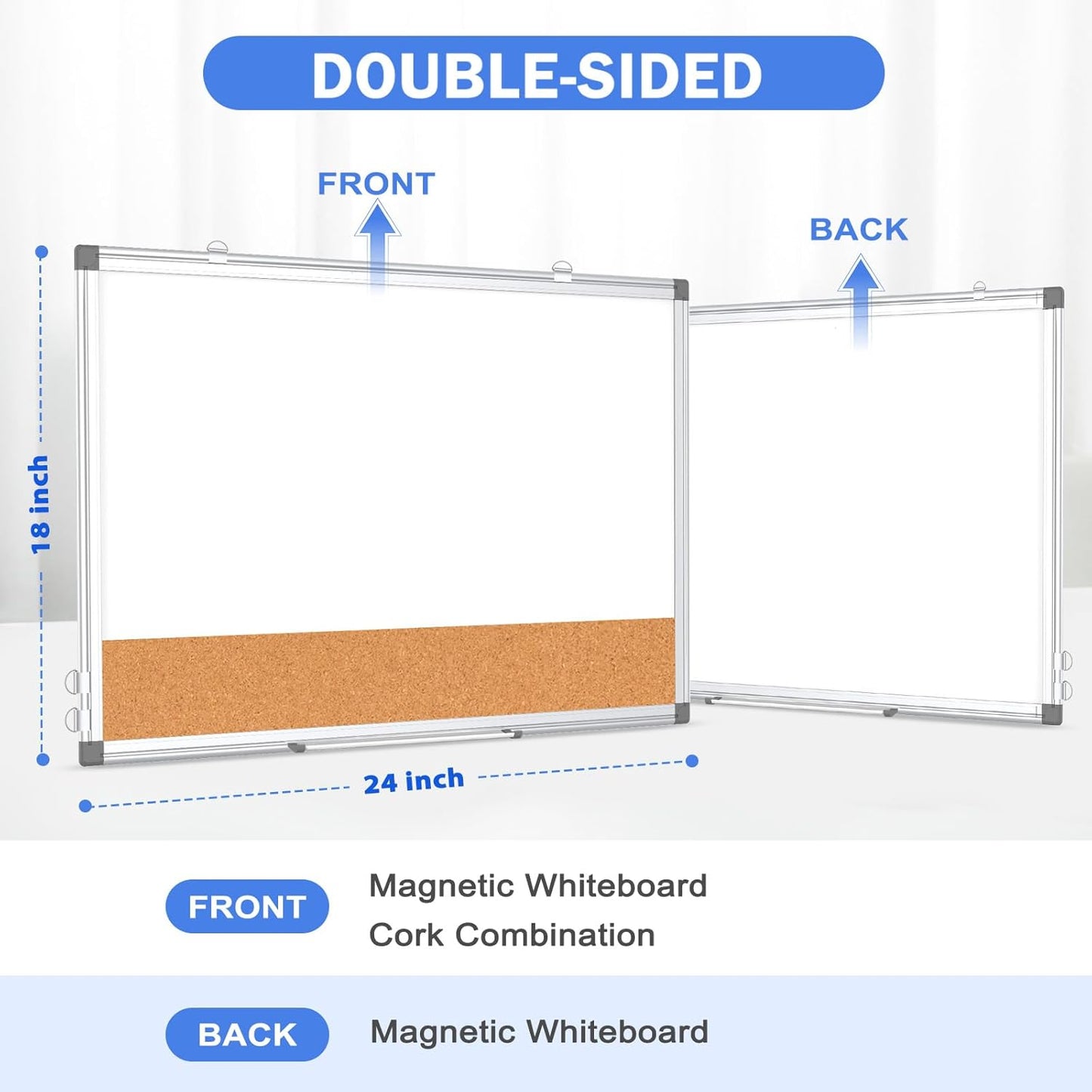 Double-Sided Whiteboard Cork Board Combo for Wall, WALGLASS 24" x 18" Dry Erase White Board Corkboard Combination, Hanging Wall Mount Bulletin Board with Aluminum Frame for Office, Home, School