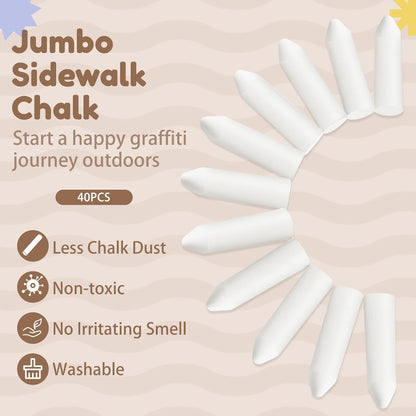 Fulmoon 40 Pcs Jumbo Sidewalk Chalk for Kids Outdoor Art Non Toxic Large Washable Street Chalk for Adults Drawing Painting Classroom(White,Sharp Style)