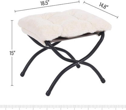 LITA Folding Upholstered Footrest Stool, Modern Small Portable Accent Ottoman with Detachable Thick Cotton Cushion Padded Sofa Stool with Metal Frame for Lazy Chair, Living Room & Bedroom, Plush Beige
