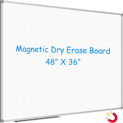 JILoffice Magnetic Dry Erase Planning Board, Grid Pattern White Board 48 x 36 Inch, Silver Aluminum Frame with Detachable Marker Tray for Office School and Home