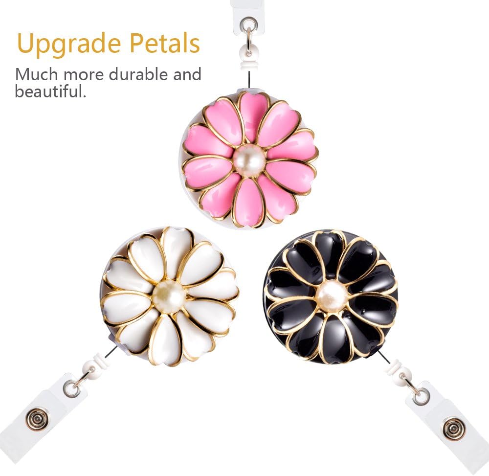 Retractable Badge Holder with Alligator Clip, 24 inch Retractable Cord, ID Badge Reel with Pearl, 3 Pack (Multiple)