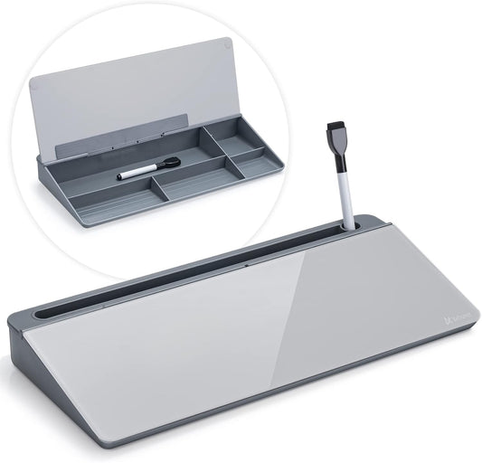 Varhomax Glass Desk Whiteboard with Storage, Desktop Organizer to-do List Memo Notepad Dry Erase White Board for Home Office and School Supplies (GrayBoard)