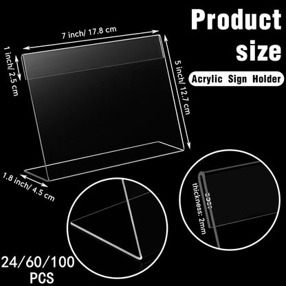 Vicenpal 200 Pcs 7x5 Inch Clear Acrylic Sign Holder Plastic L-shape Vertical Menu Stand, Picture Photo Frames, Table Paper Holder, Flyer Sign Display Stand for Restaurants, Store, Office, Wedding