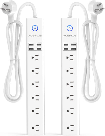 2 Pack Power Strip Surge Protector Flat Plug - 6 Widely Spaced Outlets 4 USB Charging Ports, 2100J/10A with 6Ft Long Extension Cord, Overload Surge Protection, Wall Mount for Home Office