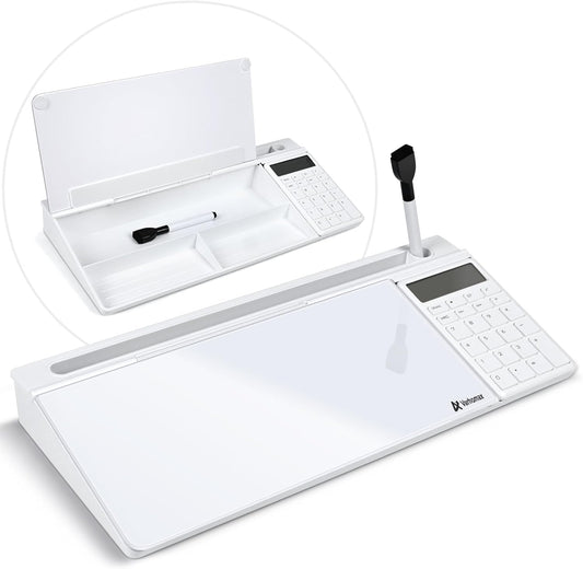 Varhomax Glass Desk Whiteboard with Calculator, Desktop Dry Erase White Board with Storage, to Do List Memo Notepad for Home and Office