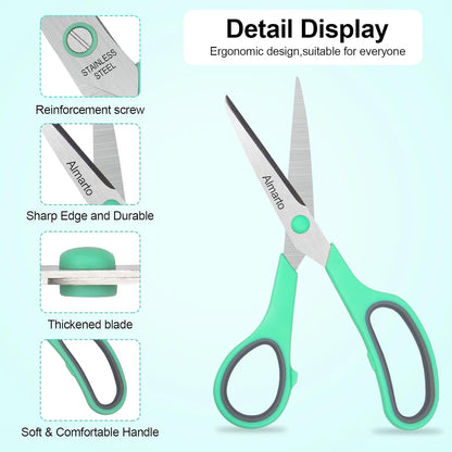 Scissors, Rkqoa 8" All Purpose Titanium Scissor Set of 6 Pack - 2.5mm Thick Sharp Scissors Bulk for Office School Sewing Craft Supplies, Classroom Must have, Teacher/Class Shears, Right/Left Handles