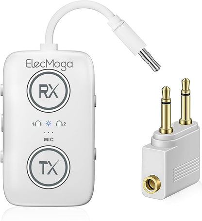 2026 Upgraded Airplane Bluetooth 5.4 Adapter with aptX Adaptive, ElecMoga Airplane Travel Essentials Supports 2 AirPods or Headphones, 2-in-1 AUX Wireless Transmitter Receiver for Gym, TV, Car, White