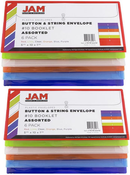 JAM PAPER Plastic Envelopes with Button & String Tie Closure - #10 Business Booklet - 5 1/4 x 10 - Assorted Colors - 12/Pack
