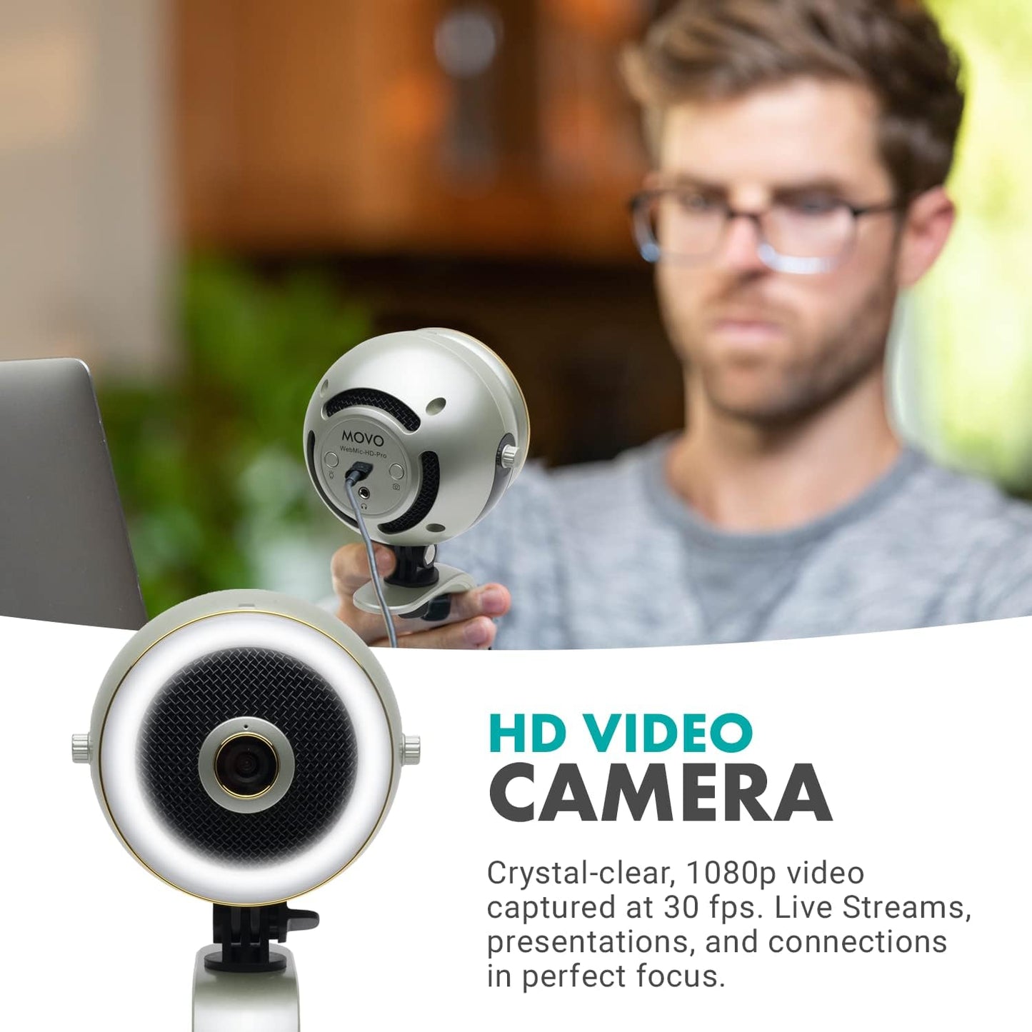 Movo WebMic HD Pro All-in-One Webcam with Mic and Ring Light in Silver- 1080p HD Camera, Pro Cardioid Condenser Microphone, LED Ring Light -HD Webcam for Streaming, Video Calls, Recording, Gaming